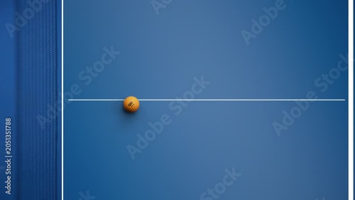 Orange table tennis ball dropping onto a blue ping pong table top view with center line and large copy space for titles, transparent background alpha channel 3D animation for sport broadcast overlays
