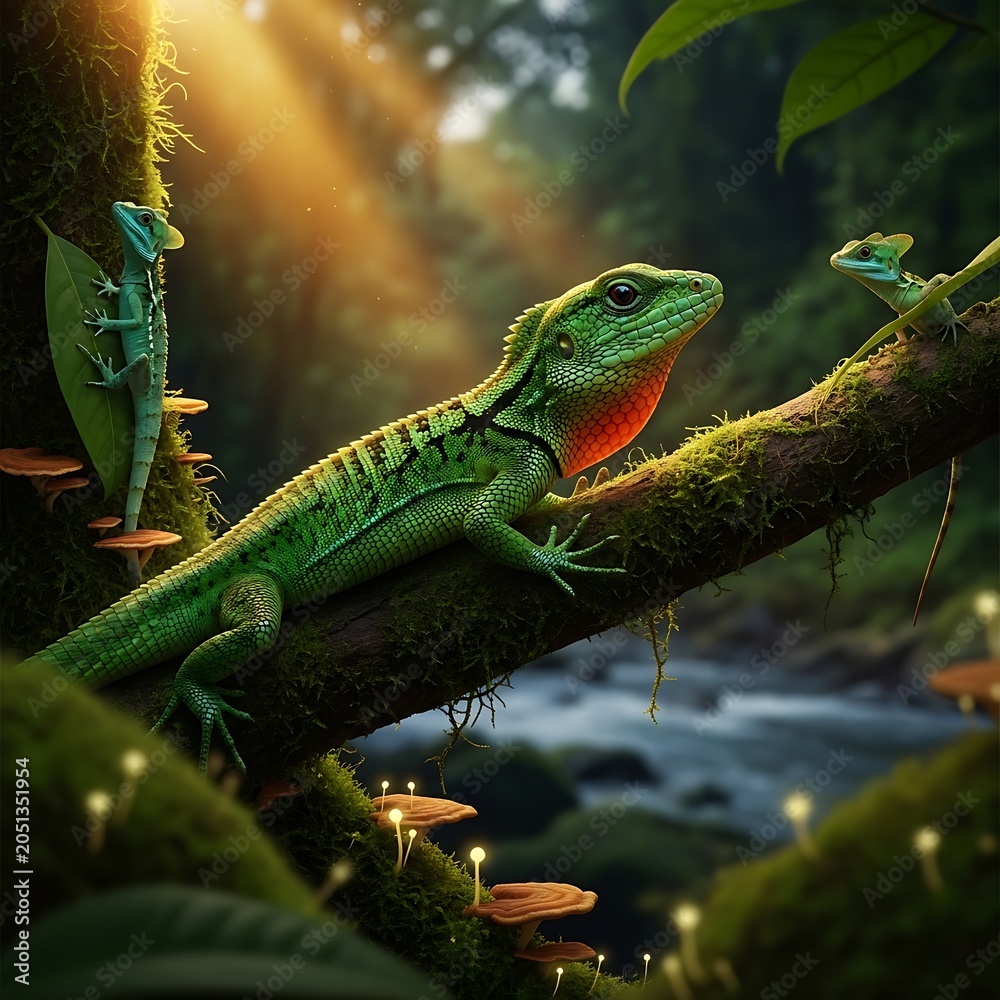 Fototapeta premium Vibrant green lizards perched on tree branches in a sunny jungle