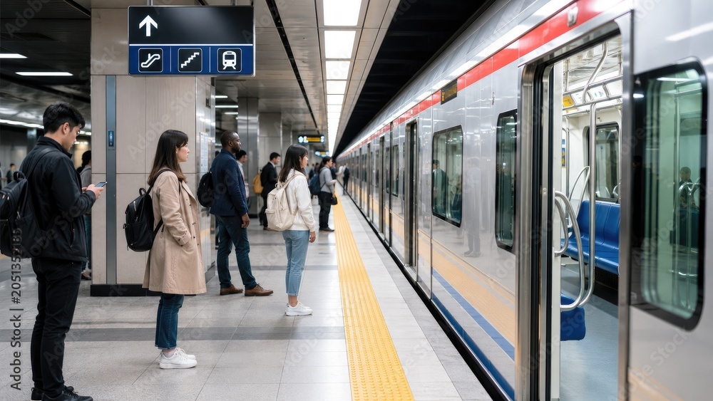 Fototapeta premium Commuters waiting on a modern subway platform beside a silver metro train with open doors