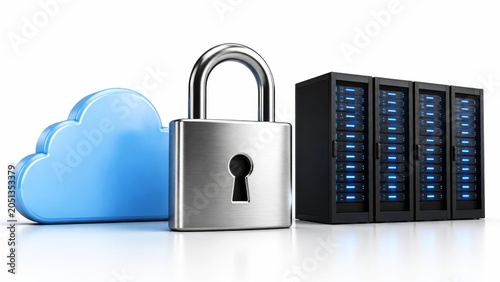 A padlock symbolizing security stands between a cloud and a server rack, illustrating the concepts of data protection and cloud storage.