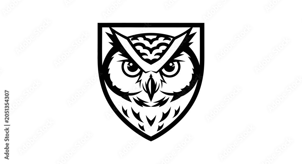 Obraz premium Wise Owl Crest Logo - Black and White Emblem