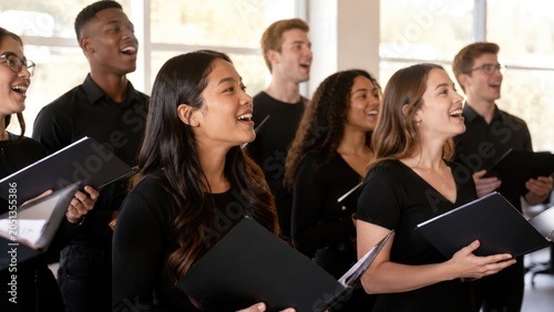 Diverse young adult choir singing together in black attire, holding music folders during a joyful rehearsal