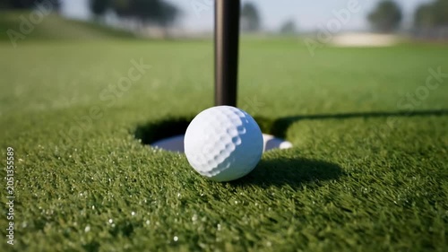 Tracking shot of white golf ball rolling across putting green and dropping into hole on sunny day