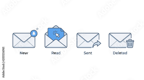 Mail envelope icon set with new read sent and deleted states