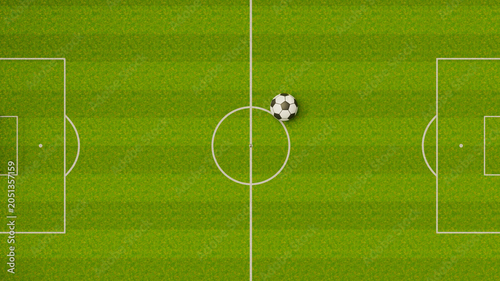 Fototapeta premium 3D Render Football Soccer Field Aerial View with Ball at Center Circle World Cup Concept