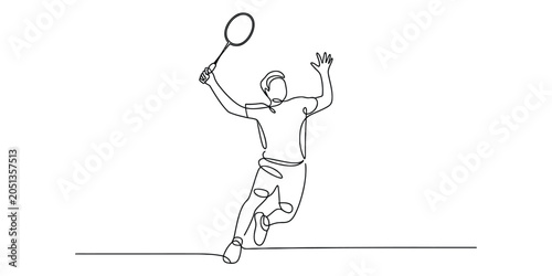 Continuous single line drawing of a man playing badminton with a racket Vector, illustration