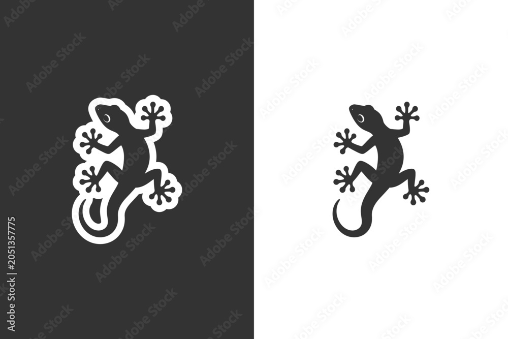 Fototapeta premium A black silhouette of a gecko is shown climbing on a white background