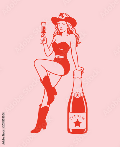 Bachelorette cowgirl with champagne bottle on the pink isolated background.