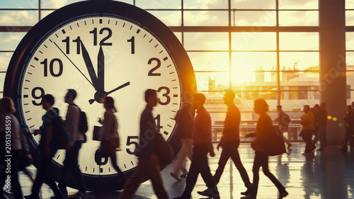 People walking past large clock in busy terminal
