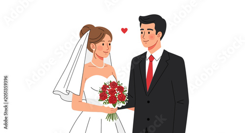Cartoon illustration of a bride and groom on their wedding day holding a bouquet of flowers