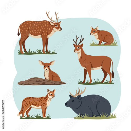 Collection of cartoon forest animals including deer fox and boar illustration