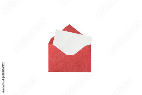 Front view of a white card in a red glitter envelope