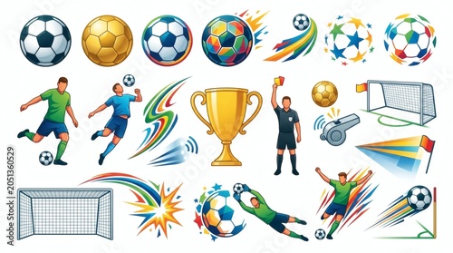 Soccer balls, players, and referee on isolated white background with trophy and goal