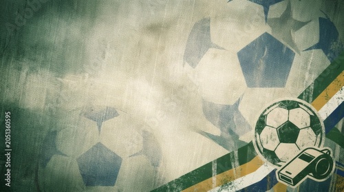 Vintage textured soccer background with ball and whistle elements