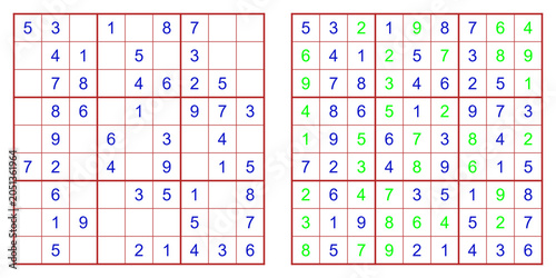 Cuadro en lienzo Vector illustration of two Sudoku puzzles, one completed with numbers in green a