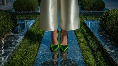 Woman wearing shiny white pants and green velvet high heel shoes standing on stone path