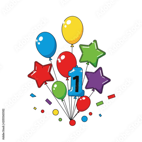First birthday celebration balloons and candle vector illustration