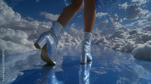 Person Wearing Silver Boots Walking on Reflective Blue Surface Surrounded by Clouds