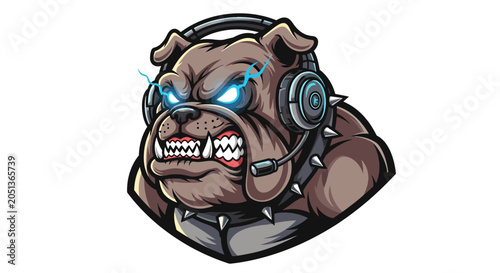 Fierce bulldog mascot with glowing blue eyes and gaming headset