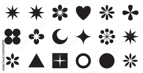 Fotografía Collection of miscellaneous abstract icons and shapes on a grey grid background surface