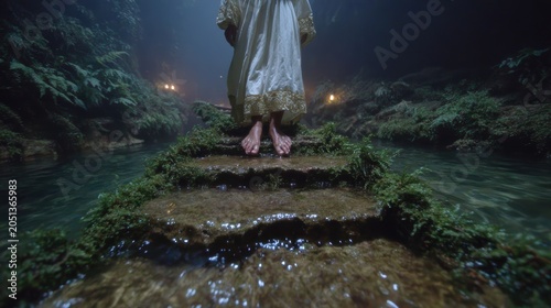 Mysterious barefoot figure standing on moss-covered stone steps in dark cave water