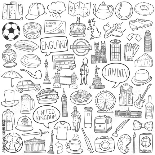 Hand drawn vector doodle collection of famous London icons.