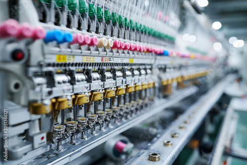 Industrial multi-needle embroidery machine processing colorful threads in a modern textile manufacturing factory