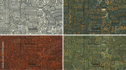 Schilderij op canvas Ethnic Pattern Backgrounds: Tribal Abstract Designs in Four Color Variations