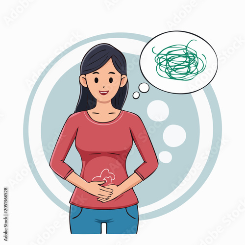 Woman with Confused Thoughts and Stomach Ache
