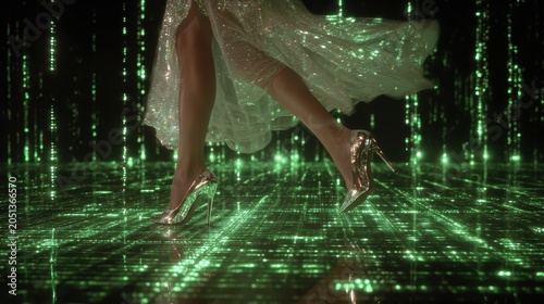 Woman legs walking in futuristic environment with glowing green digital light effect