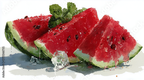 watercolor illustration of sliced watermelon, isolated on white background