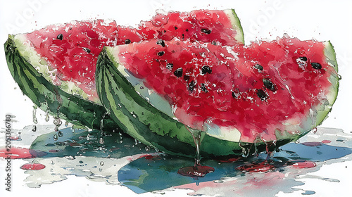 watercolor illustration of sliced watermelon, isolated on white background