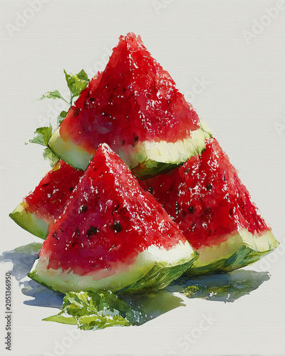watercolor illustration of sliced watermelon, isolated on white background