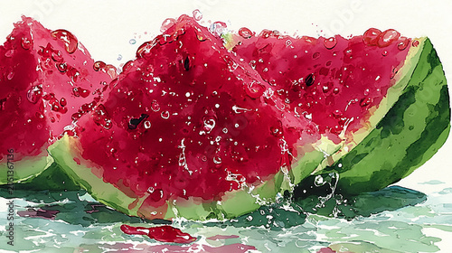 watercolor illustration of sliced watermelon, isolated on white background