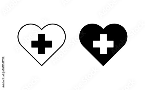 Health Icons: A clear representation of health and well-being, featuring two heart shapes, one outlined and the other solid black, each containing a prominent cross symbol.
