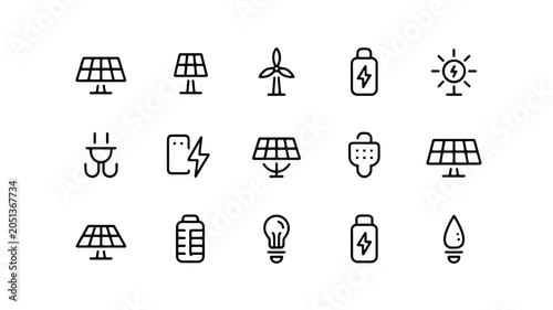 Renewable Energy Icons: A collection of minimalist line icons representing various sources of clean energy, including solar panels, wind turbines, batteries, and light bulbs.