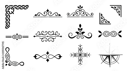 Ornate Decorative Elements Collection: A curated set of classic ornamental designs, including decorative corners, elegant dividers, and abstract motifs.