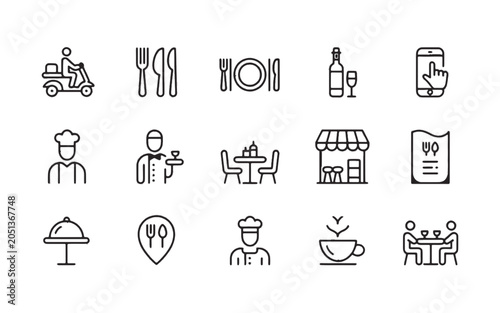 Restaurant Icons Set: A collection of clean, modern line icons representing various aspects of the restaurant and dining experience, from delivery to dining in.