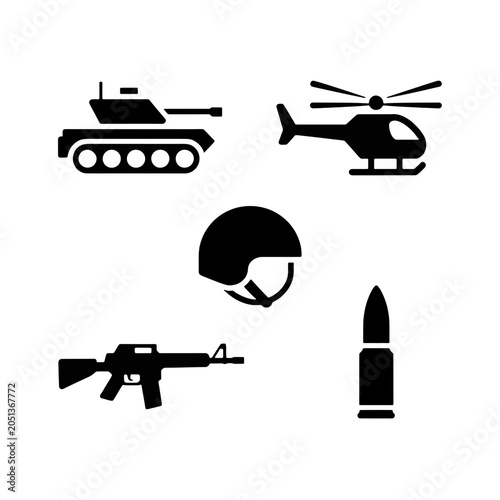 Military Icons: A set of black silhouette icons representing military equipment and symbols, including a tank, helicopter, assault rifle, bullet, and helmet.