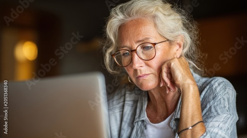 Elderly woman wearing glasses working on a laptop at home with a thoughtful expression