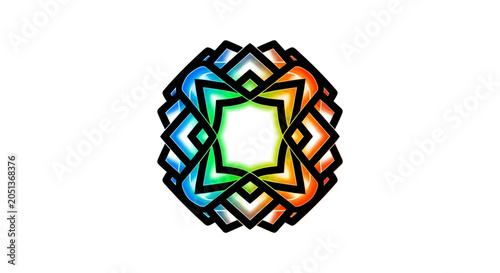 Geometric mandala with interlocking diamond shapes in vibrant gradient colors on a white background