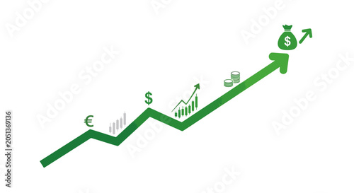 Green financial growth chart with euro and dollar symbols rising along upward trend line