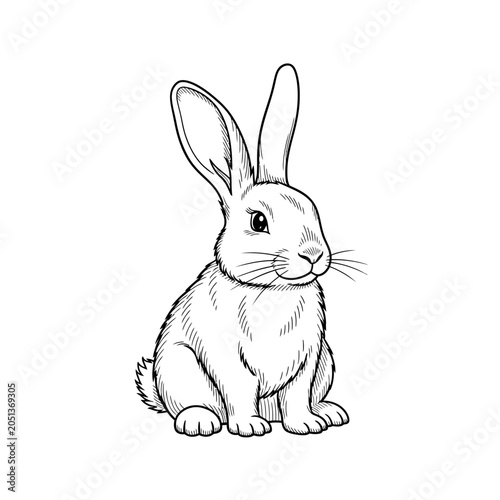 Hand drawn black and white illustration of a cute sitting rabbit