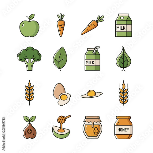 Hand drawn food icons including fruits vegetables grains and dairy on white background