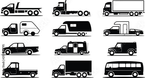 Photos Isometric truck vector icon set with 3D dimensional commercial logistics cargo v