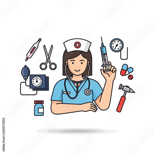 Healthcare professional with medical tools and equipment illustration