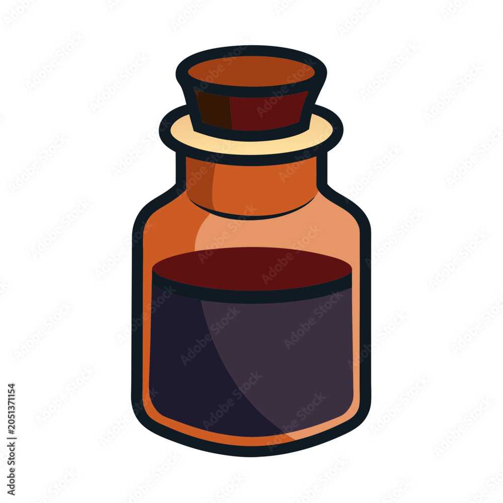 Fototapeta premium Orange Glass Bottle with Dark Liquid and Cork Stopper Isolated on White Background