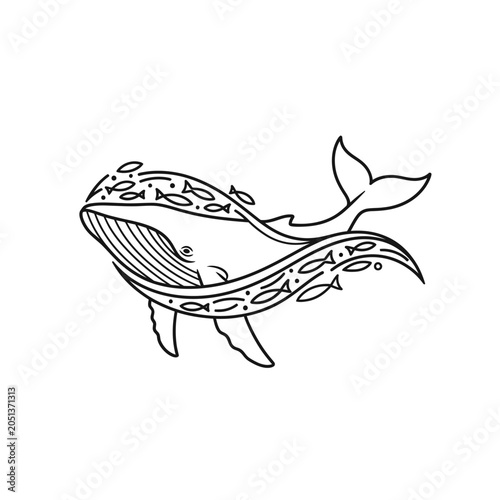 Humpback whale with intricate tribal patterns black outline illustration on white background