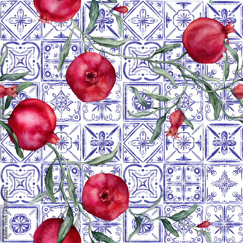 Seamless pattern of Portuguese azulejo tiles and Pomegranate branche. Blue Mediterranean, Spanish ceramic traditions. Hand drawn watercolor illustration with tropical fruit branch with green leaves