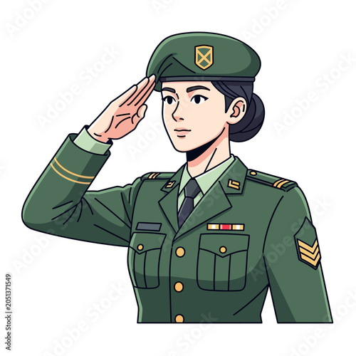 Illustrated female soldier in green military uniform saluting with discipline
